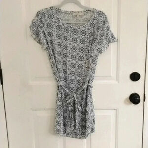 LOFT Medallion Tie Waist Dress, S Petite, White Blue